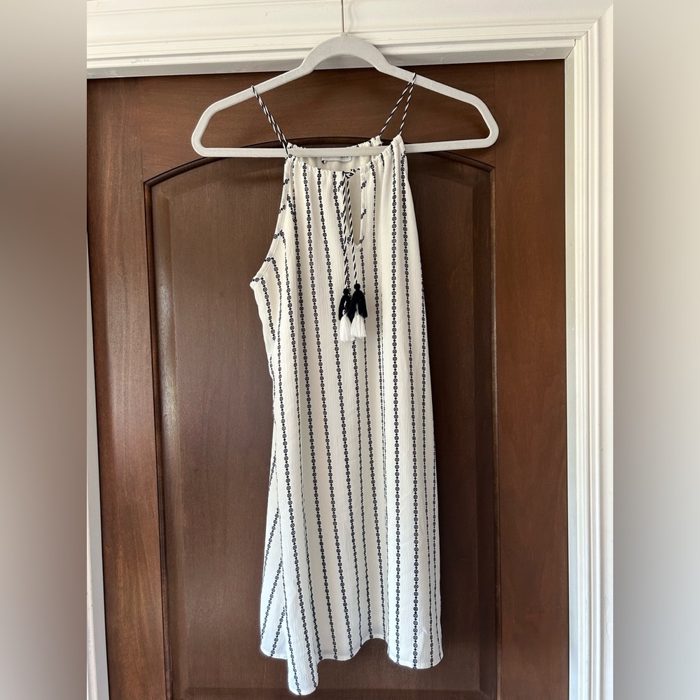 PAPER CRANE, Striped Spaghetti Strap Dress, Tassel Neck Tie, White, Size: S